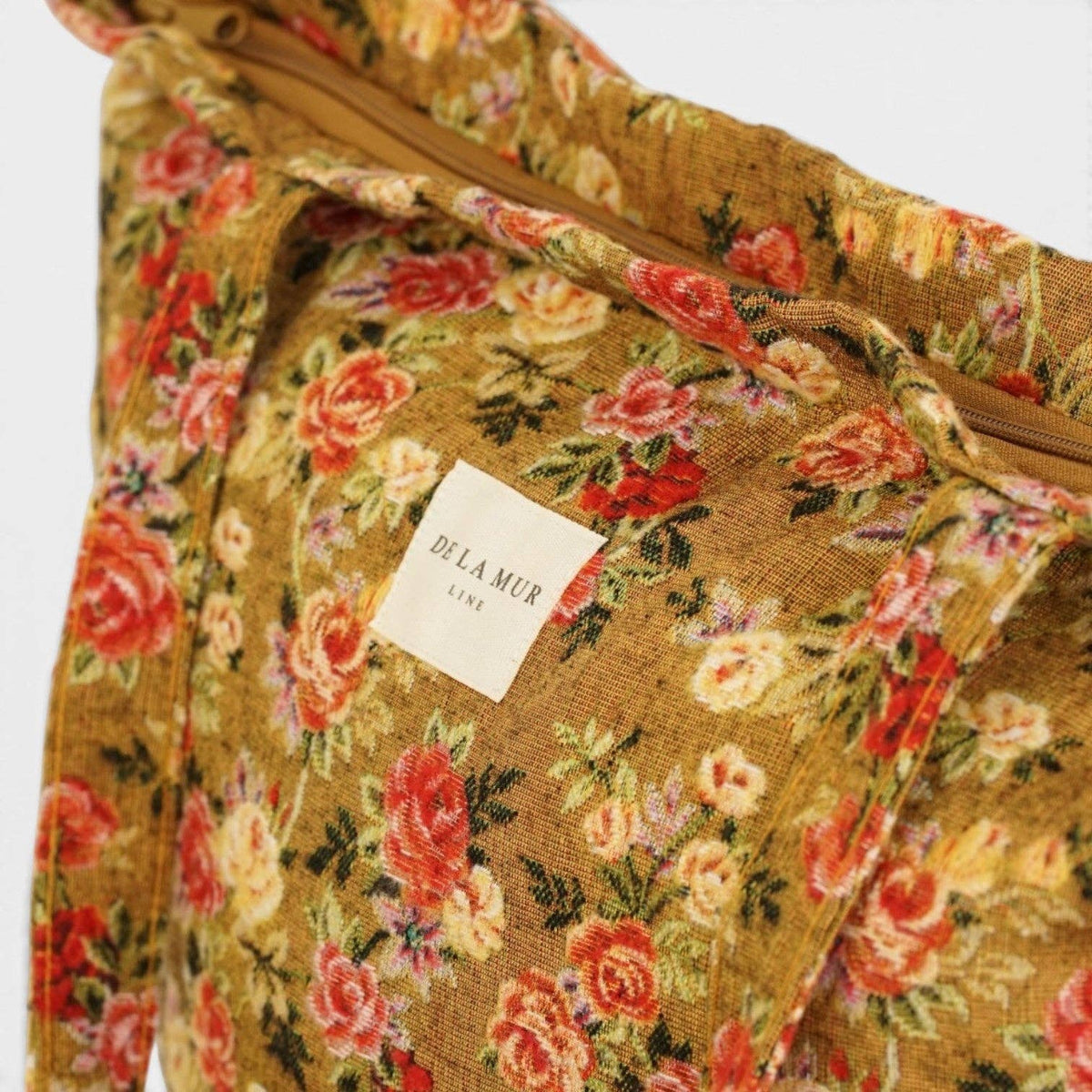 Floral Jacquard Large Zippered Tote Bag – Mustard & Red (Esme)