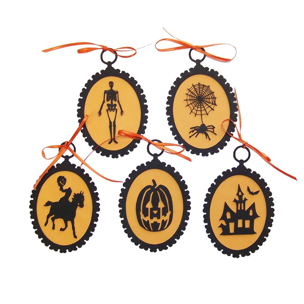 5 Halloween Silhouette Ornaments Set A with Orange Ribbon