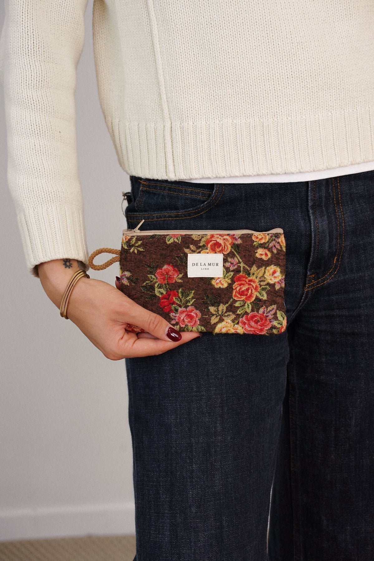Floral Jacquard Small Makeup Bag / Coin Purse – Brown & Red (Pepi)