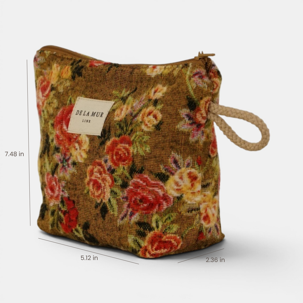 Floral Jacquard Small Makeup Bag – Mustard & Red (Esme)