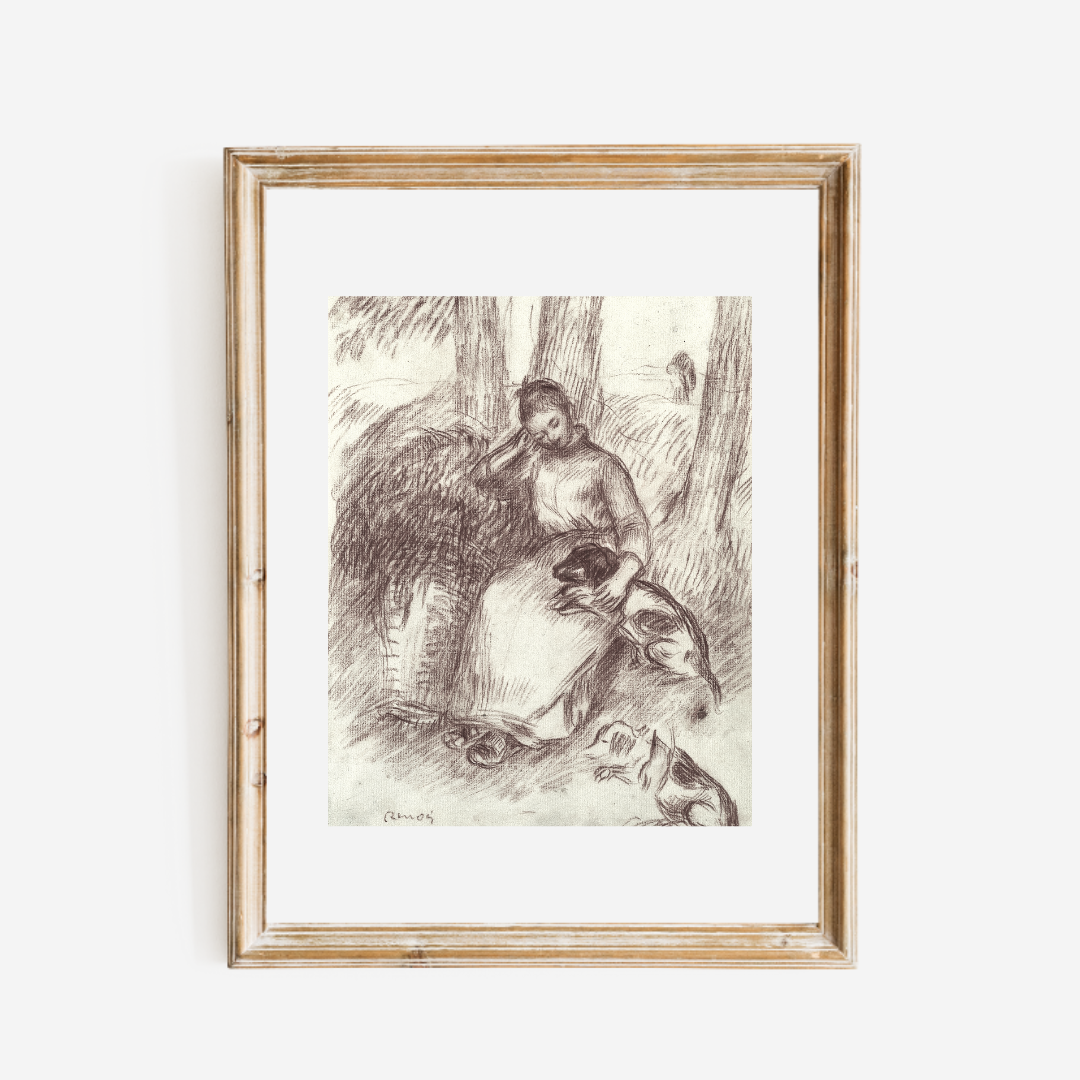 Sketch of a Girl and Her Dogs Antique Art Print