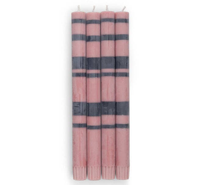 BRITISH COLOUR STANDARD - 25cm / 10'' H  - Striped  - Old Rose and Indigo Blue Eco Dinner Candles, Gift Box of 4