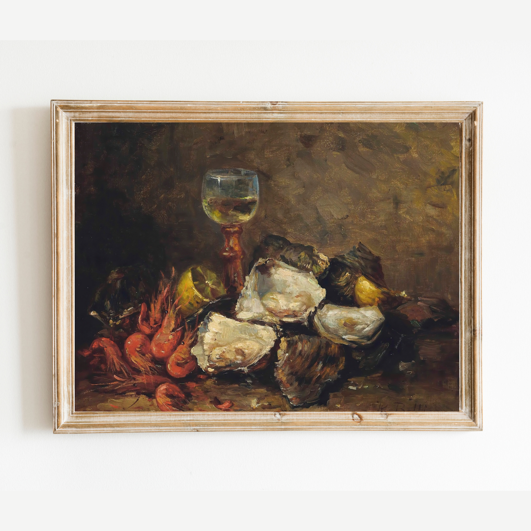 Still Life of Shrimp and Oysters Antique Art Print
