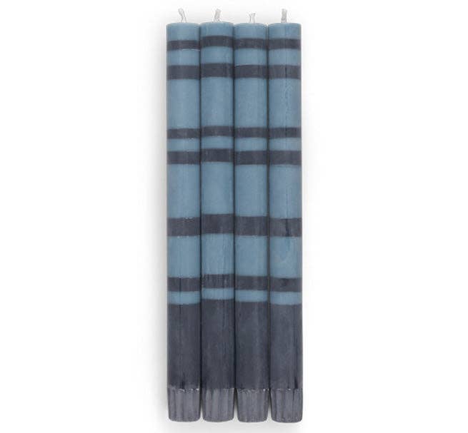 BRITISH COLOUR STANDARD - 25cm / 10'' H  - Striped  - Pompadour and Indigo Eco Dinner Candles, Gift Box of 4