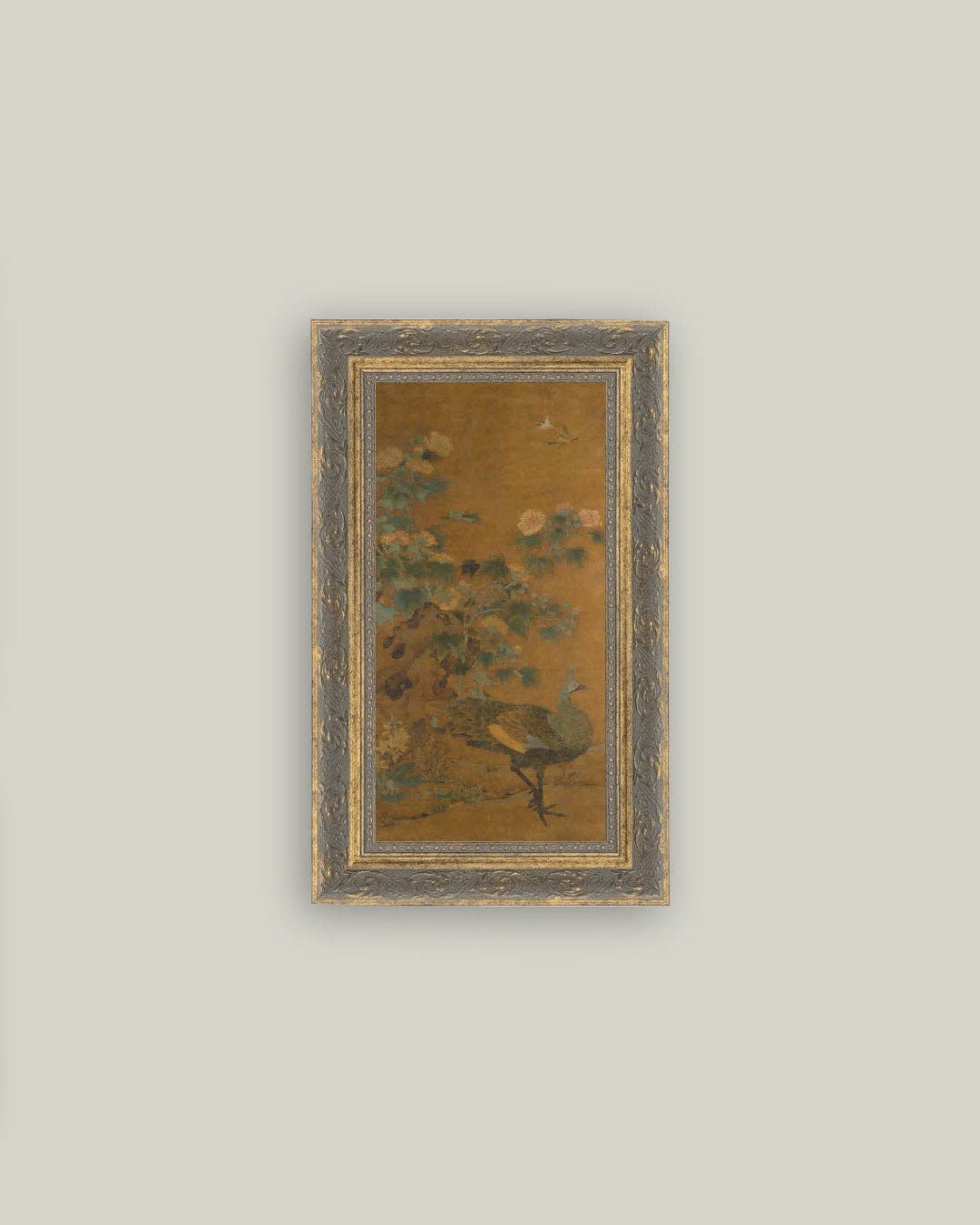 Peacock and Hollyhocks Framed Antique Art: 16x30