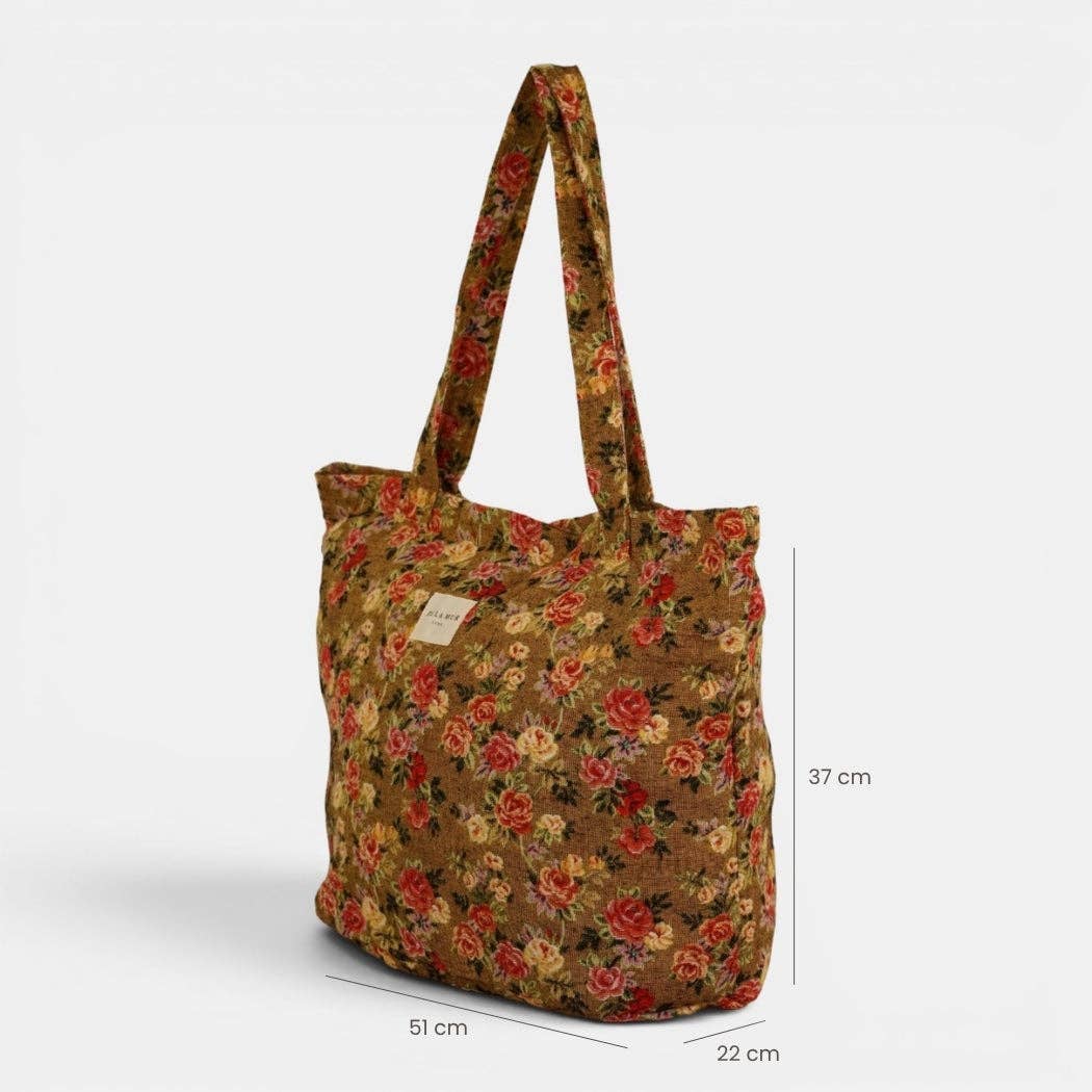 Floral Jacquard Large Zippered Tote Bag – Mustard & Red (Esme)