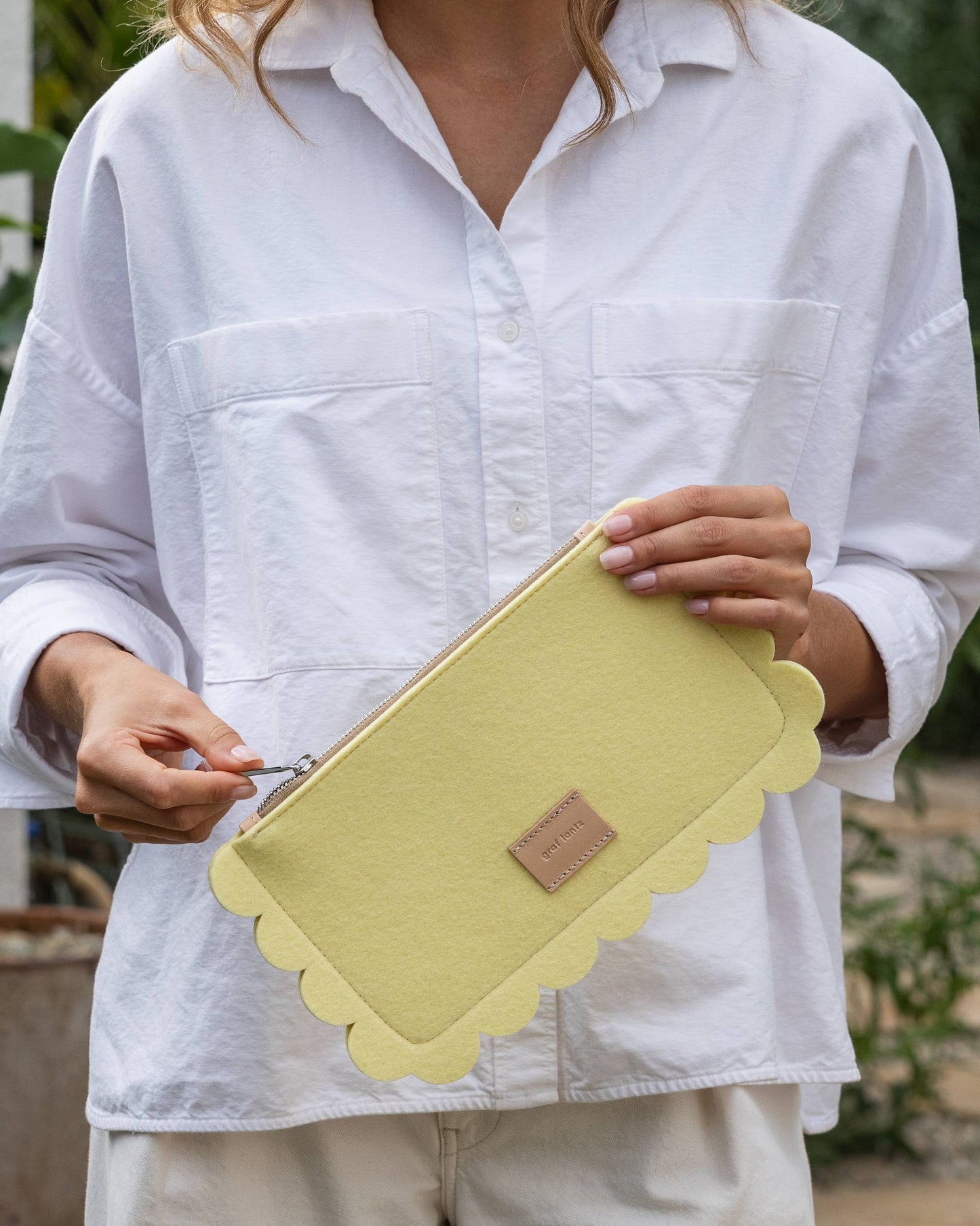 Deco Edge Merino Wool clutch in Limoncello: Limoncello Vachetta