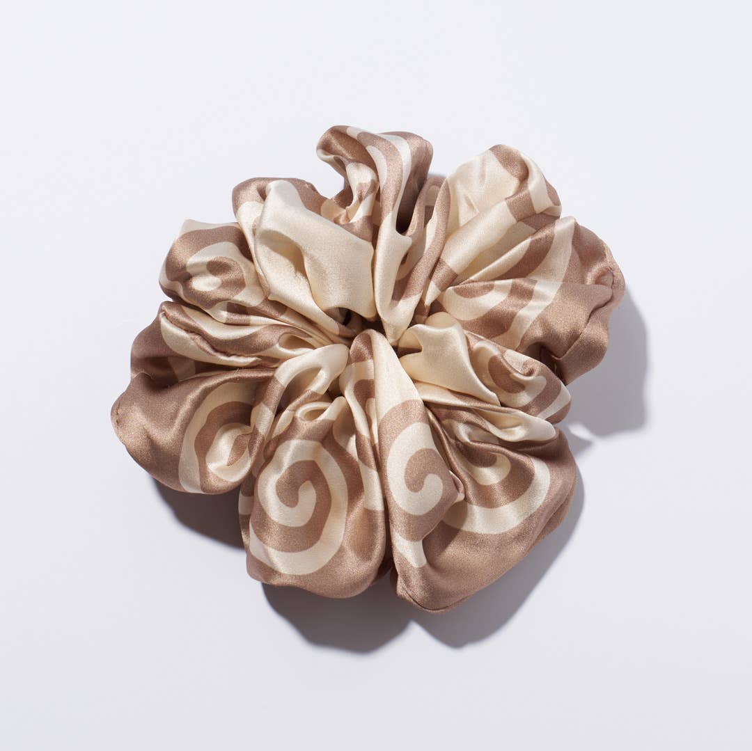 Meander Neutral Spiral Print 100% Silk Scrunchie