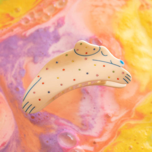 Puppy Dog Rainbow Rhinestone and Cream Acetate Hair Claw