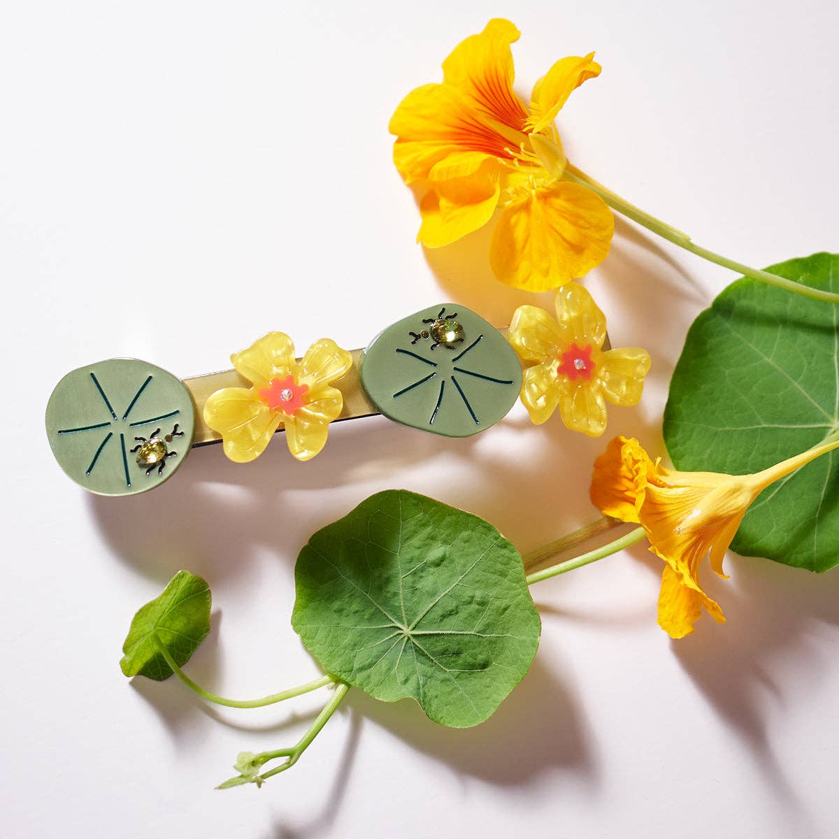 Jeweled Nasturtium French Barrette - Flower Beetle Hair Clip
