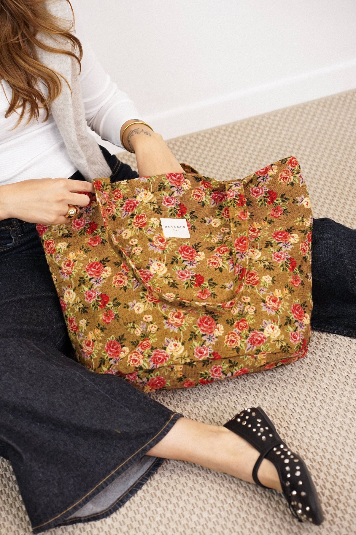 Floral Jacquard Large Zippered Tote Bag – Mustard & Red (Esme)