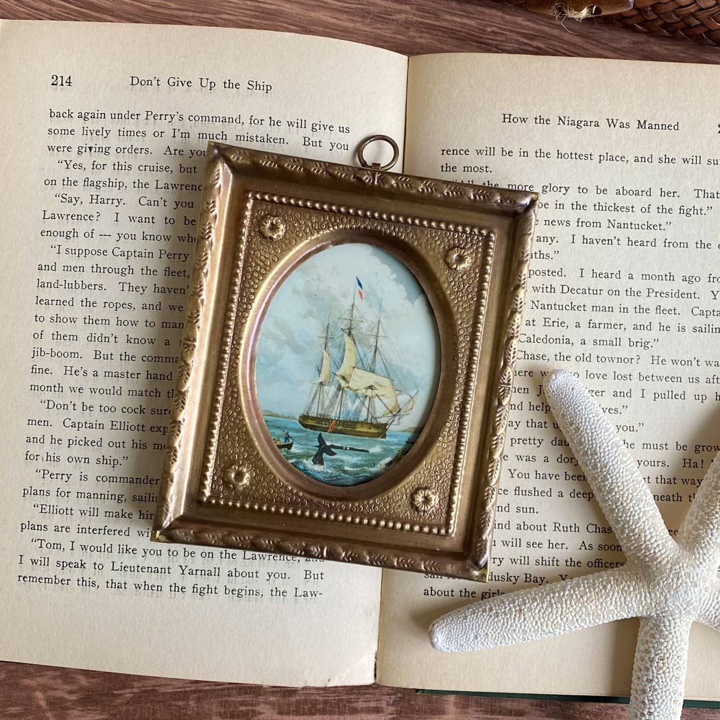 Whaling Ship Vintage Print in Embossed Brass Frame, 4-1/2”