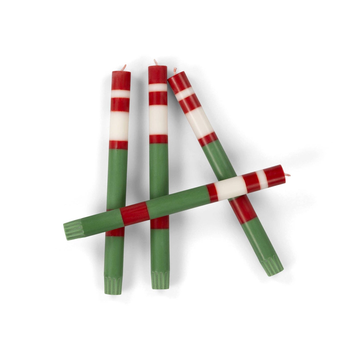 BRITISH COLOUR STANDARD - 25cm / 10'' H  - STRIPED Holiday Set - Emerald & Oriental Red Eco Dinner Candles, Gift Box of 4