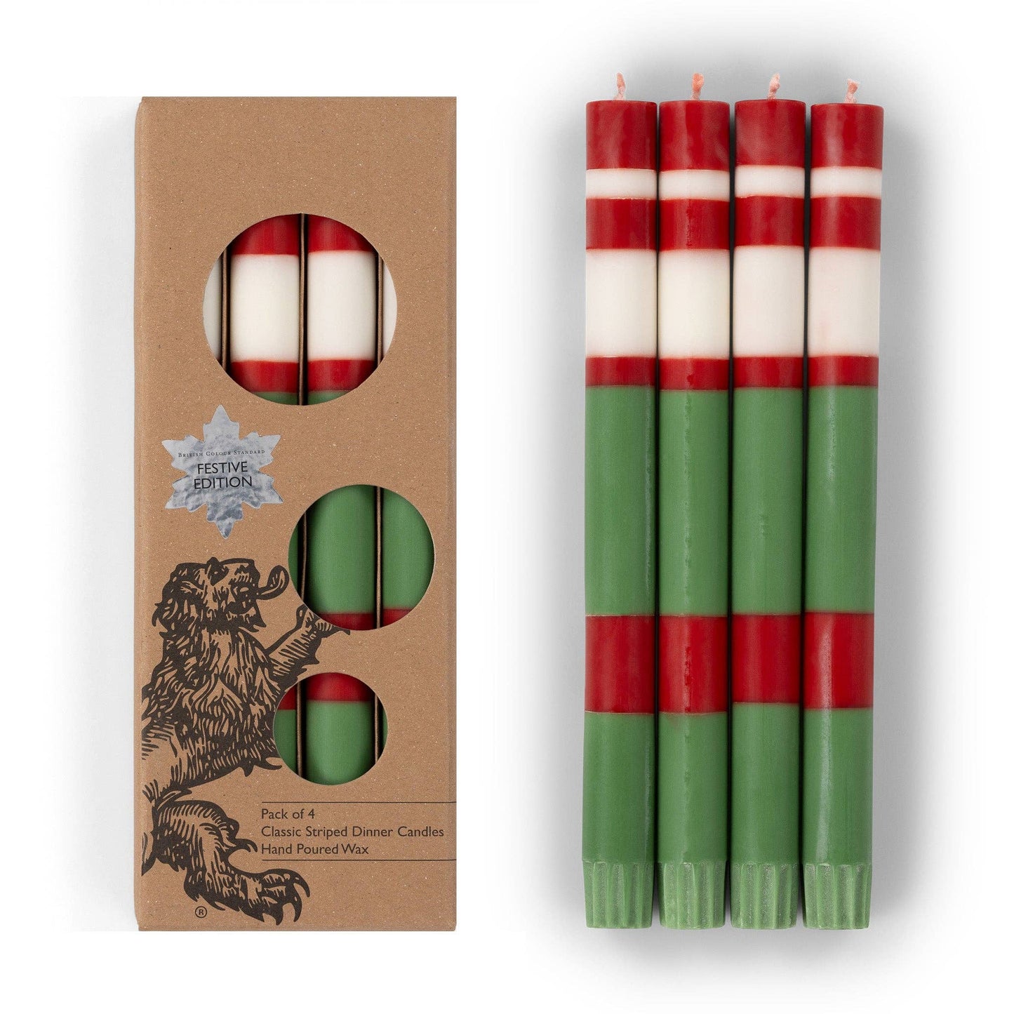 BRITISH COLOUR STANDARD - 25cm / 10'' H  - STRIPED Holiday Set - Emerald & Oriental Red Eco Dinner Candles, Gift Box of 4