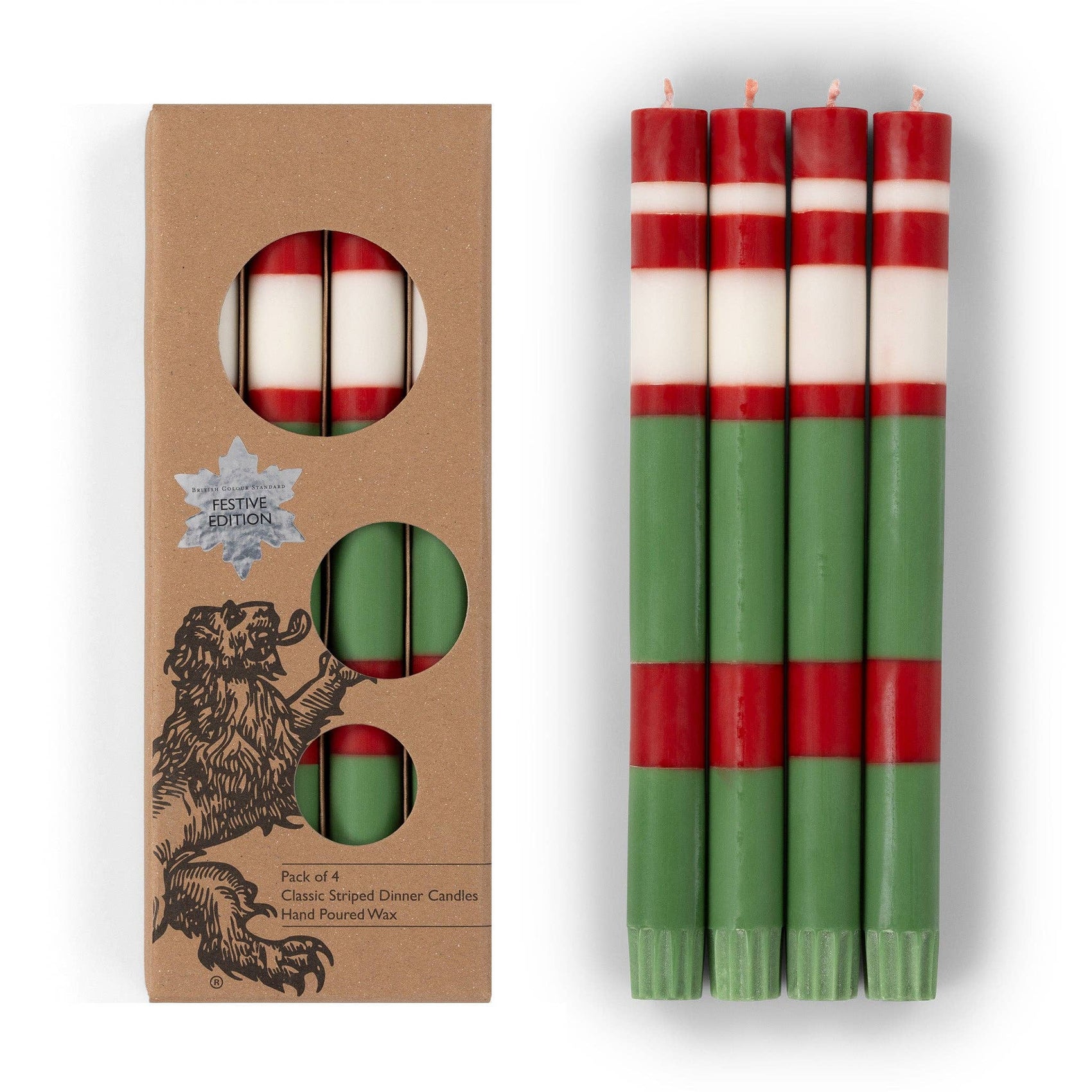 BRITISH COLOUR STANDARD - 25cm / 10'' H  - STRIPED Holiday Set - Emerald & Oriental Red Eco Dinner Candles, Gift Box of 4