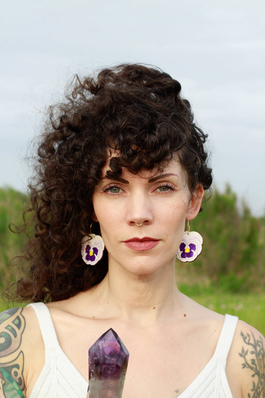 Purple Pansy Flower Hoop Earrings