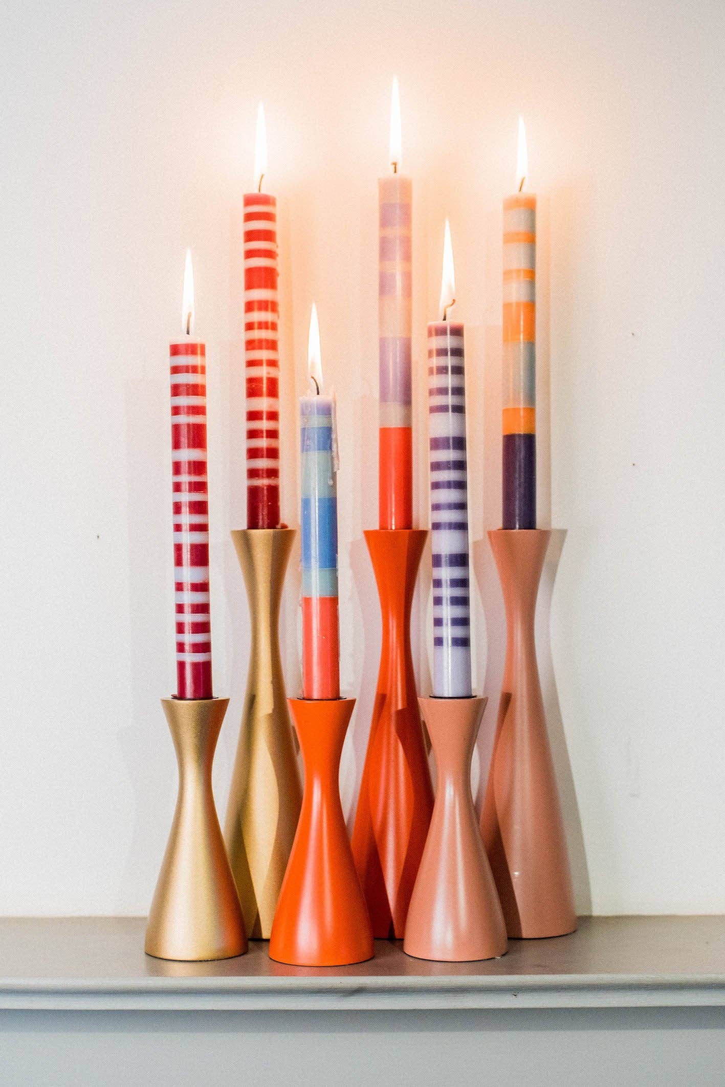 BRITISH COLOUR STANDARD - 25cm / 10'' H Striped Gunmetal, Opaline & Marigold Eco Dinner Candles, Gift Box of 4