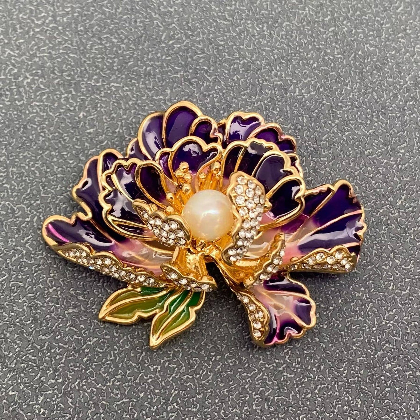 Rhinestone Enamel Peony Flower Brooch