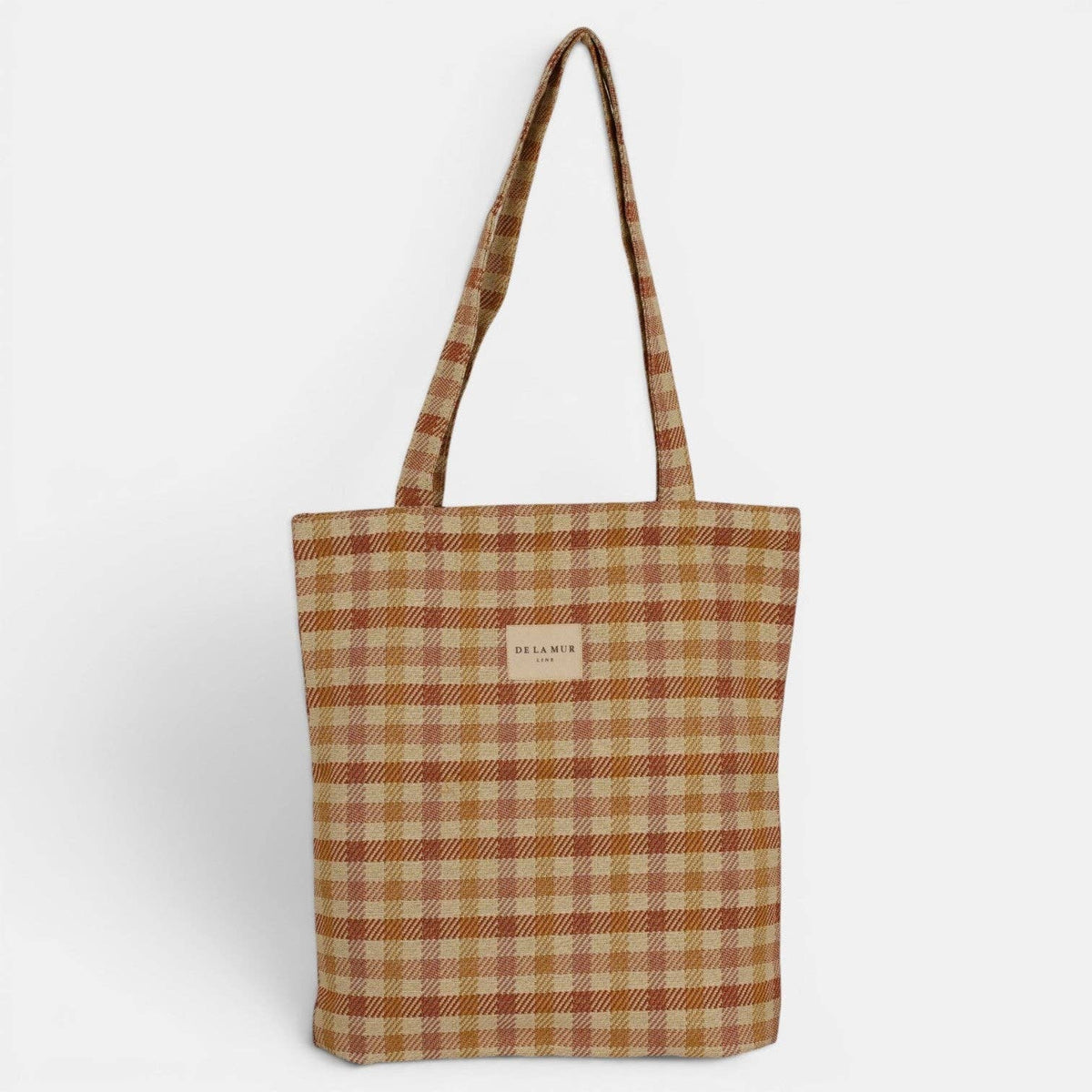Gingham Jacquard Medium Zippered Tote Bag – Terracotta & Orange (Zia)