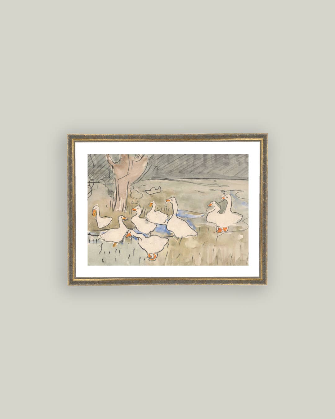 Geese Pond Framed Antique Art