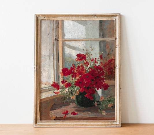 Vintage Floral Painting | Window Sill Flower Vase Art L194: 16”x20”