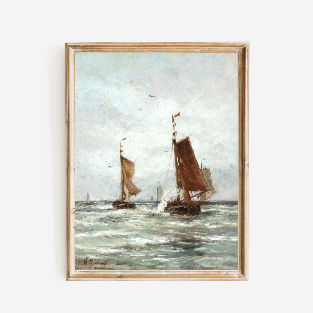 Fishing on the Choppy Sea Antique Art Print