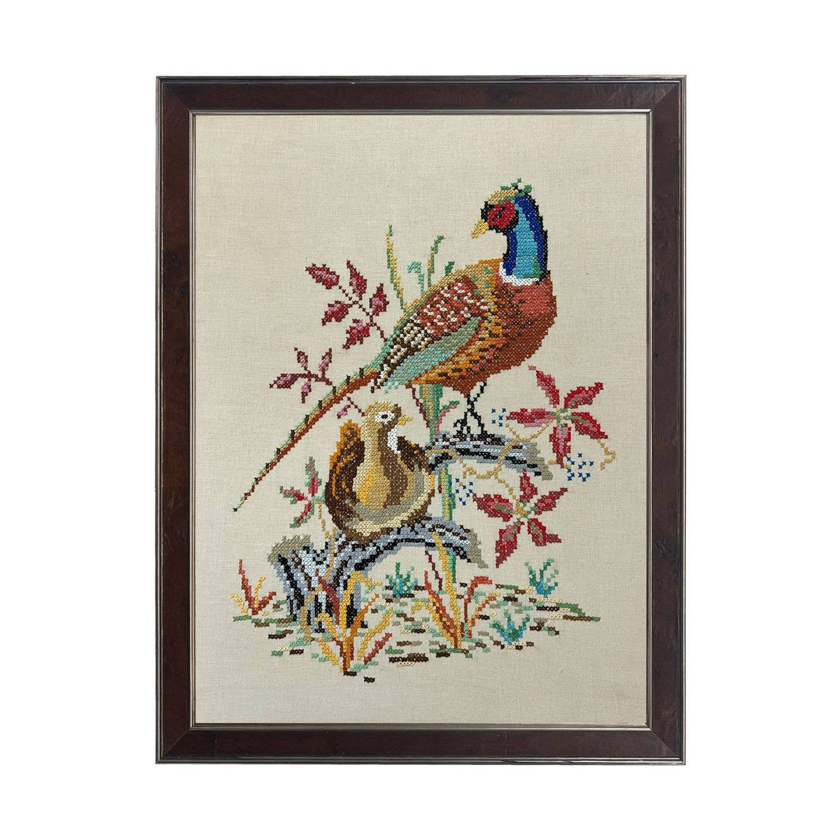 Needlework pheasant reproduction on a distressed background