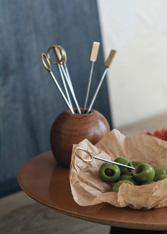Steel & Brass Appetizer Picks in Wood Holder