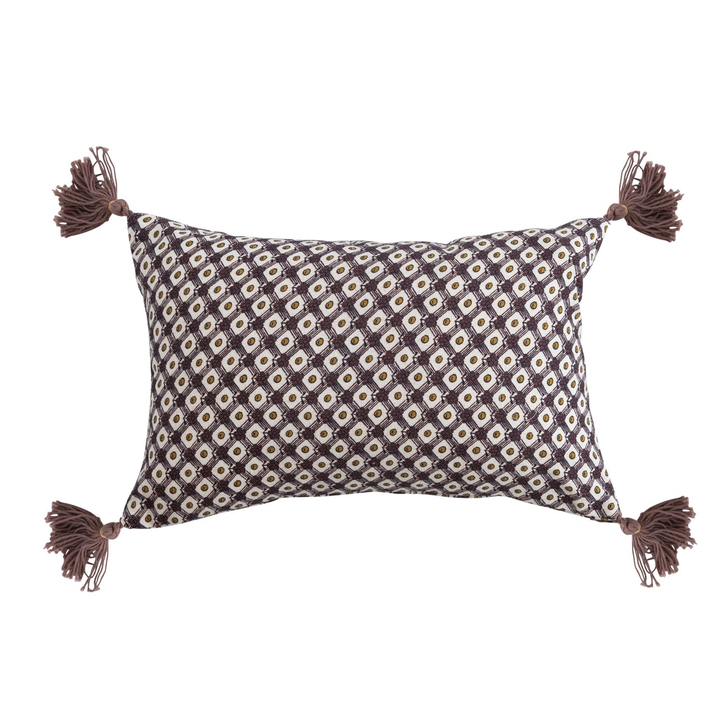 Cotton Printed Lumbar Pillow with Tassels, French Knots & Pattern