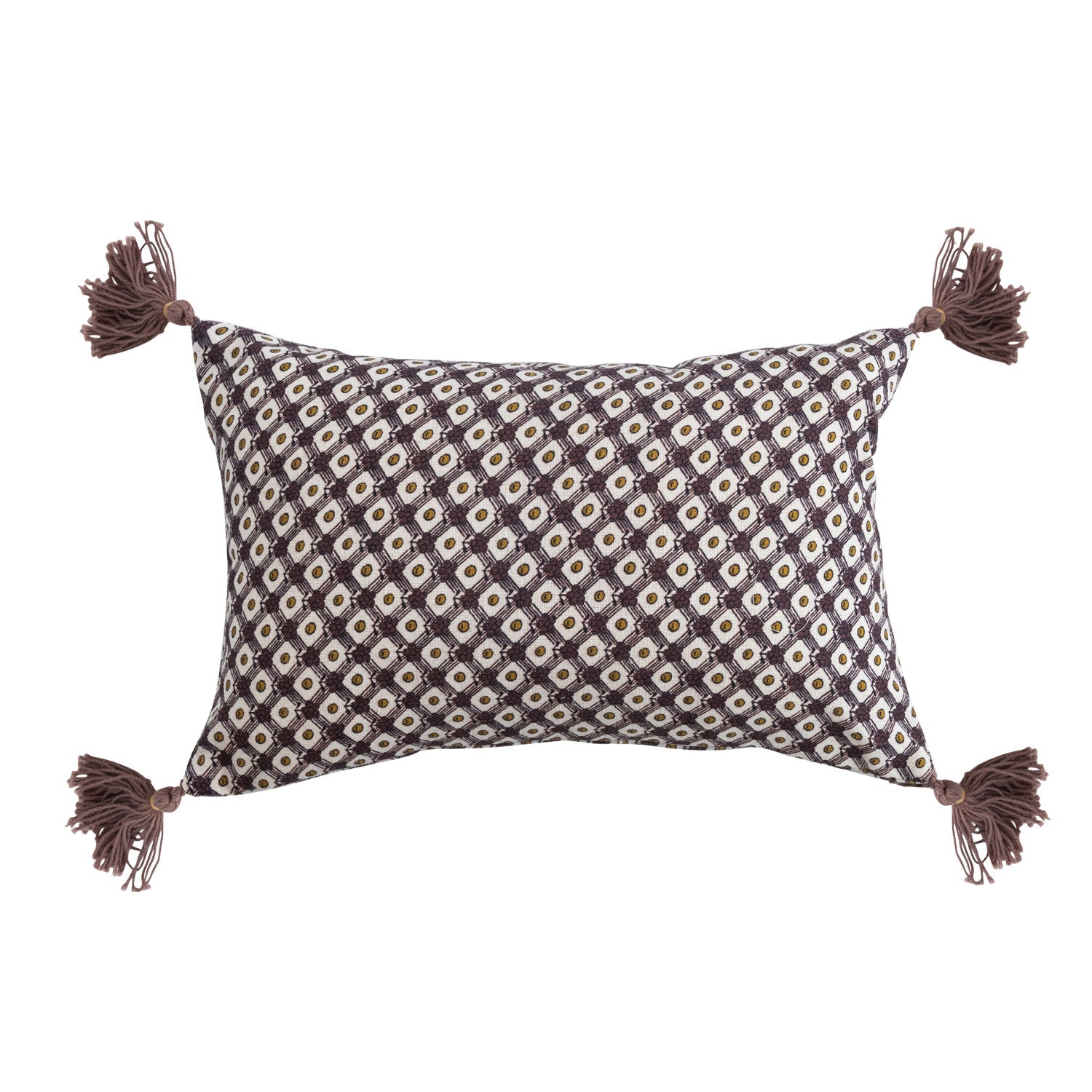 Cotton Printed Lumbar Pillow with Tassels, French Knots & Pattern