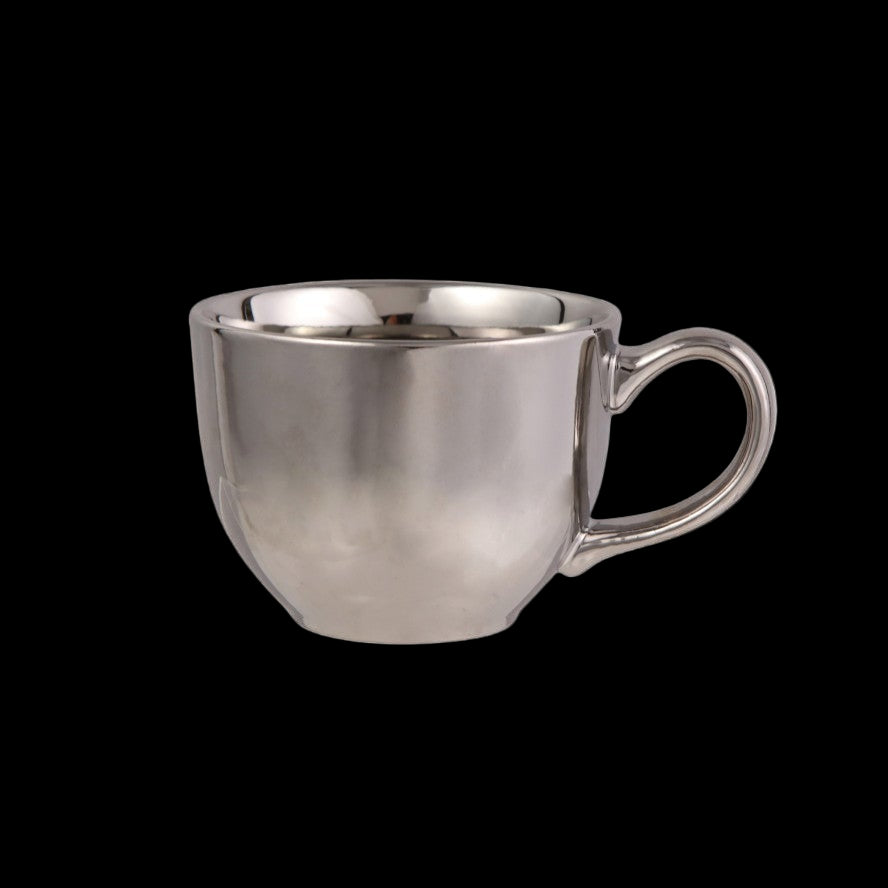 12 oz. Stoneware Mug w/ 5-1/2" Round Ball Edge Saucer, Chrome Finish, Set of 2