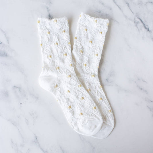 Engraving Flower Casual Socks: Cream