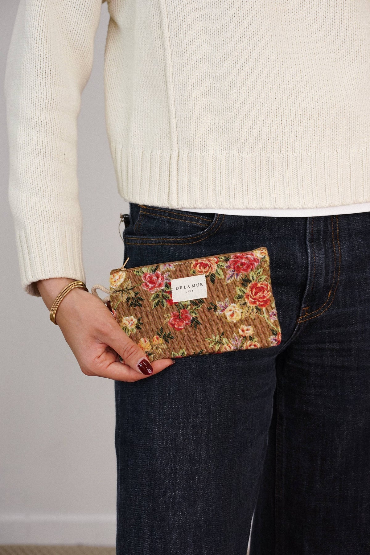 Floral Jacquard Small Makeup Bag / Coin Purse – Mustard & Red (Esme)