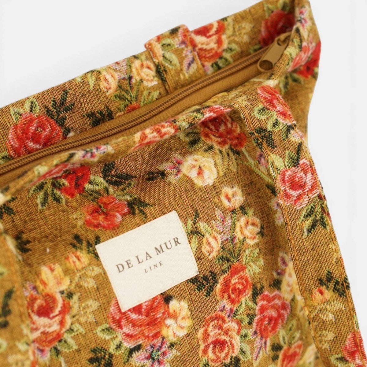 Floral Jacquard Medium Zippered Tote Bag – Mustard & Red (Esme)