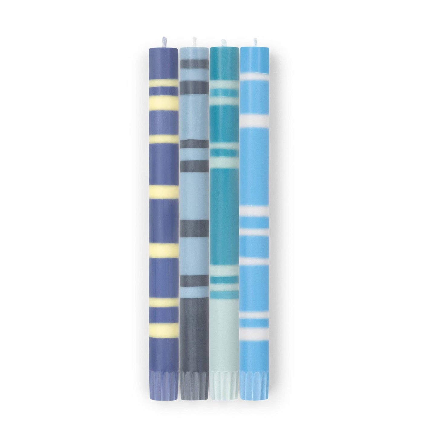 BRITISH COLOUR STANDARD - 25cm / 10'' H  - Mixed Striped Set - Blues Eco Dinner Candles, Gift Box of 4