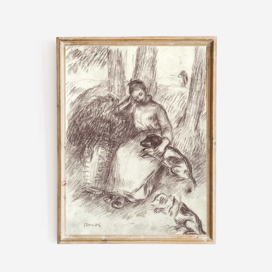 Sketch of a Girl and Her Dogs Antique Art Print