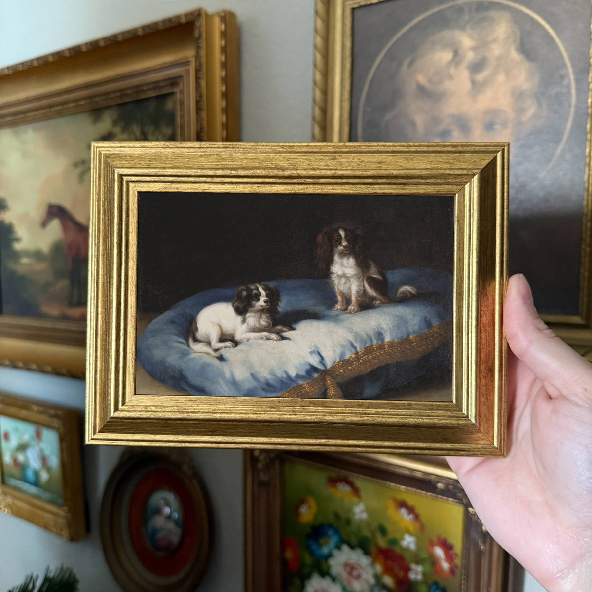 Vintage Style Dogs on fancy Pillow Art Print Framed