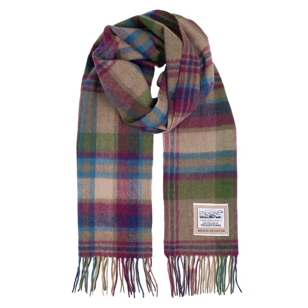 Pure Wool Tartan Check Scarf: Country Purple and Tan