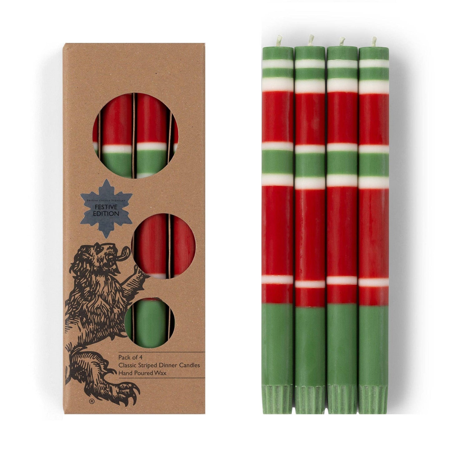 BRITISH COLOUR STANDARD - 25cm / 10'' H  - STRIPED Holiday Set -  Oriental Red, Emerald and Pearl White Eco Dinner Candles, Gift Box of 4