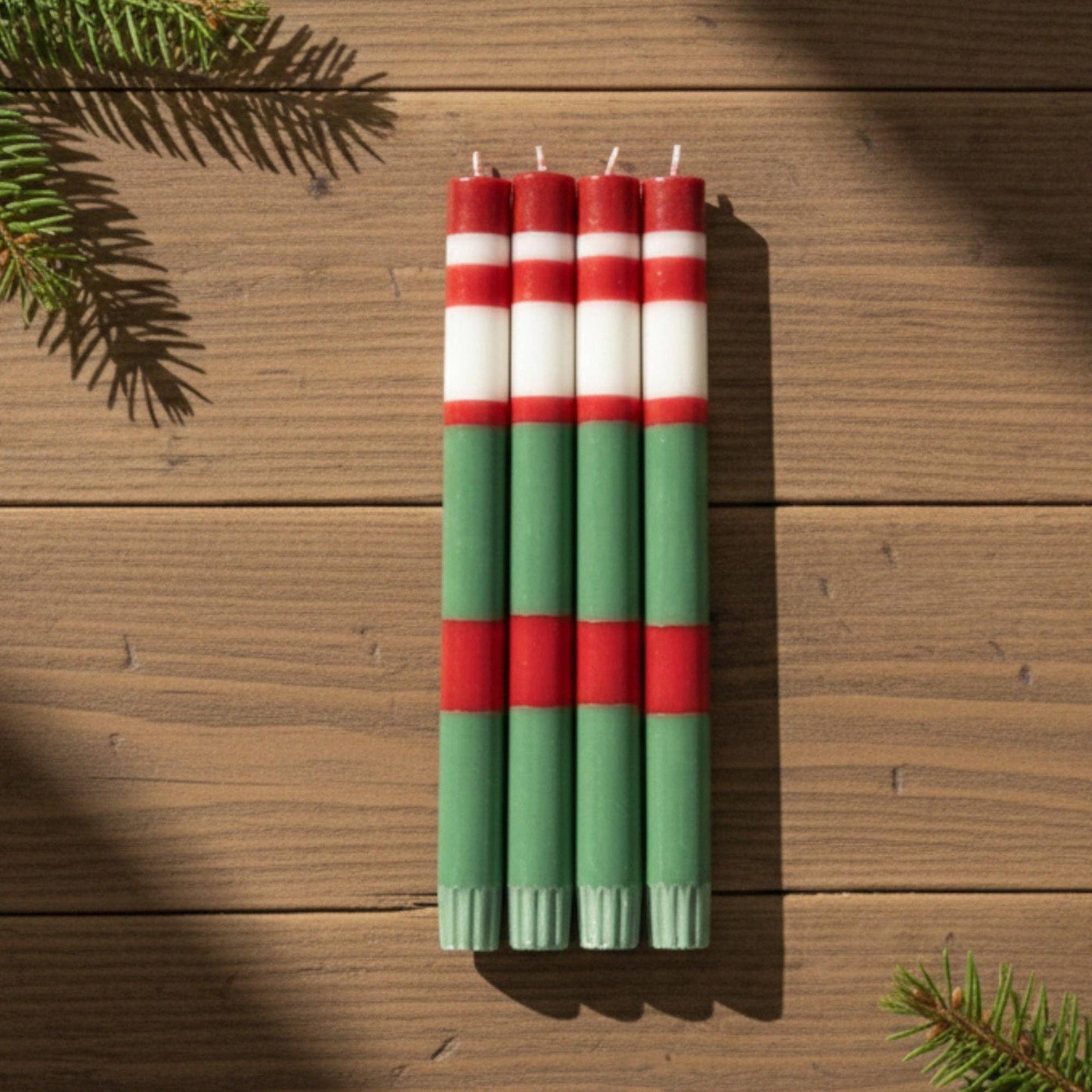 BRITISH COLOUR STANDARD - 25cm / 10'' H  - STRIPED Holiday Set - Emerald & Oriental Red Eco Dinner Candles, Gift Box of 4