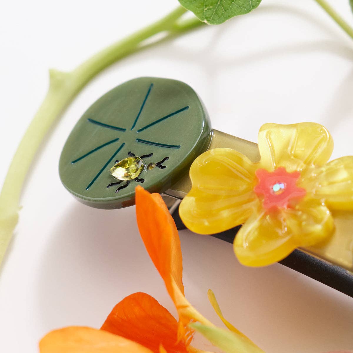 Jeweled Nasturtium French Barrette - Flower Beetle Hair Clip