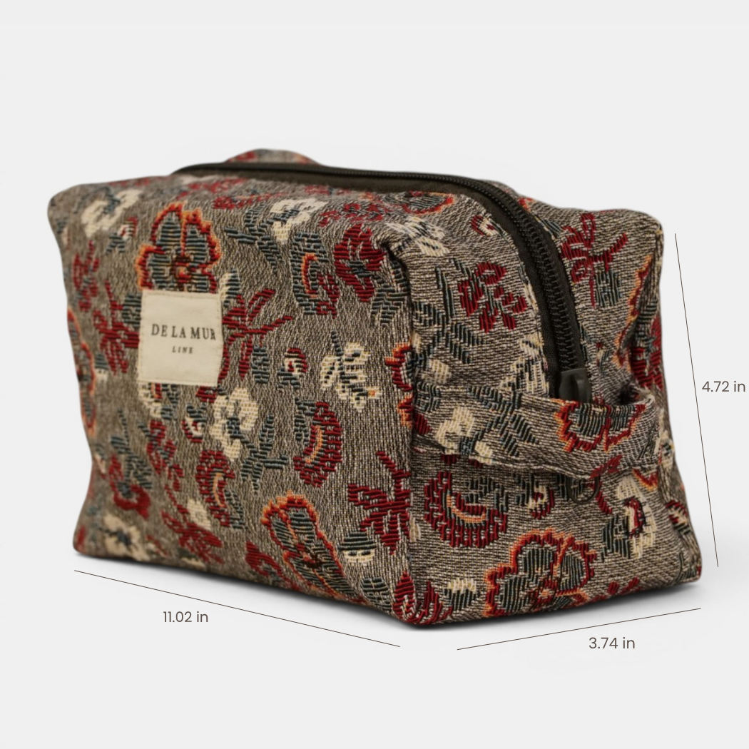 Floral Jacquard Squared Makeup Bag – Burgundy & Gray (Nira)