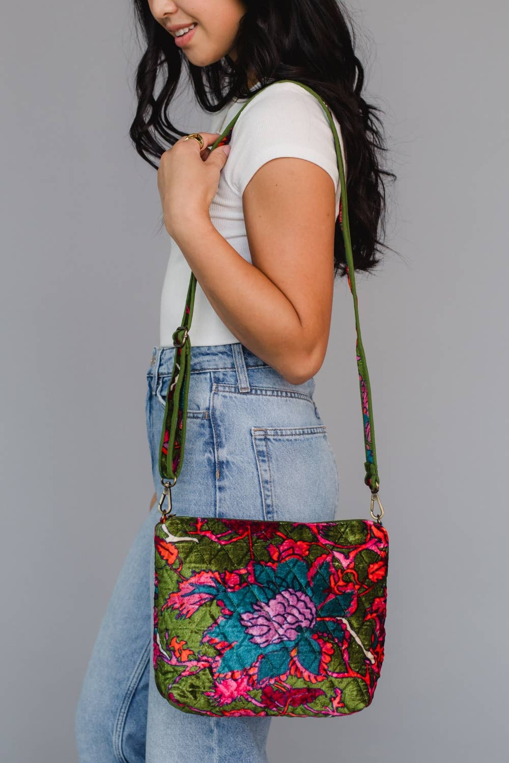 Velvet Floral Crossbody - Olive