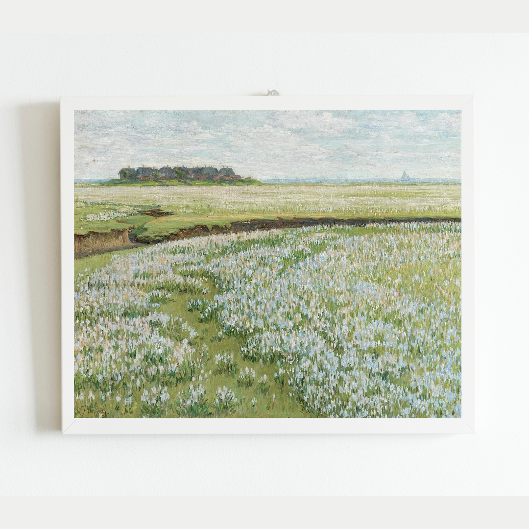 Fields with Ship in the Distance Antique Art Print