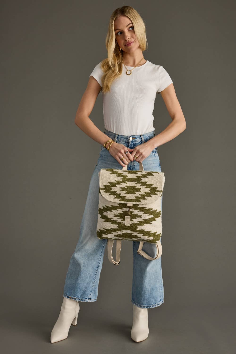 Woven Wool & Cotton Backpack - Cream & Olive