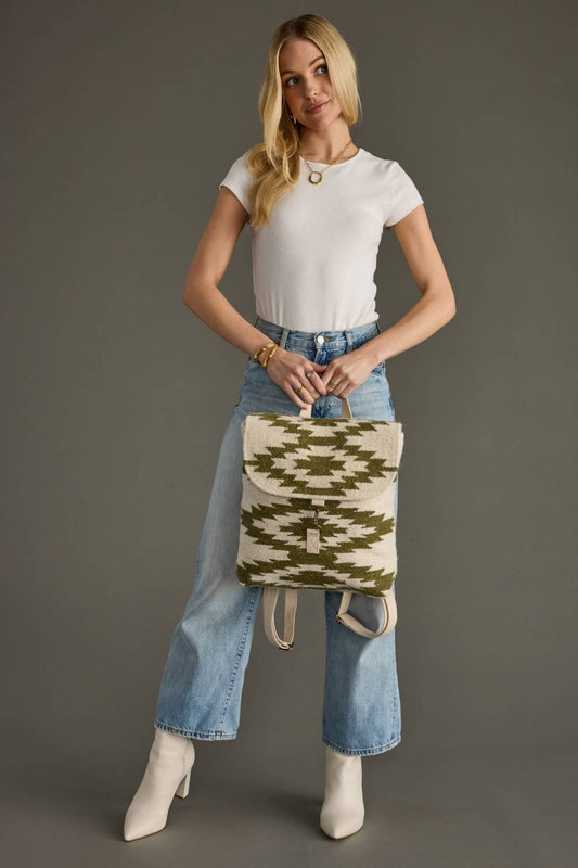 Woven Wool & Cotton Backpack - Cream & Olive