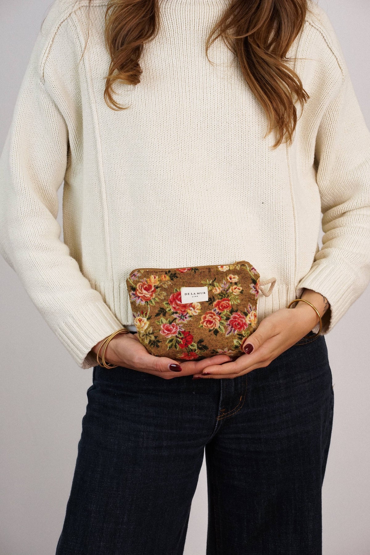 Floral Jacquard Small Makeup Bag – Mustard & Red (Esme)