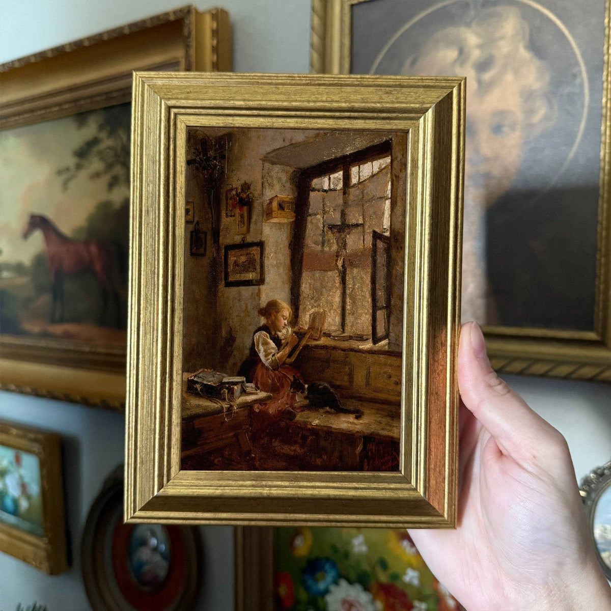 Vintage Style Little Girl & Cat Art Print Framed