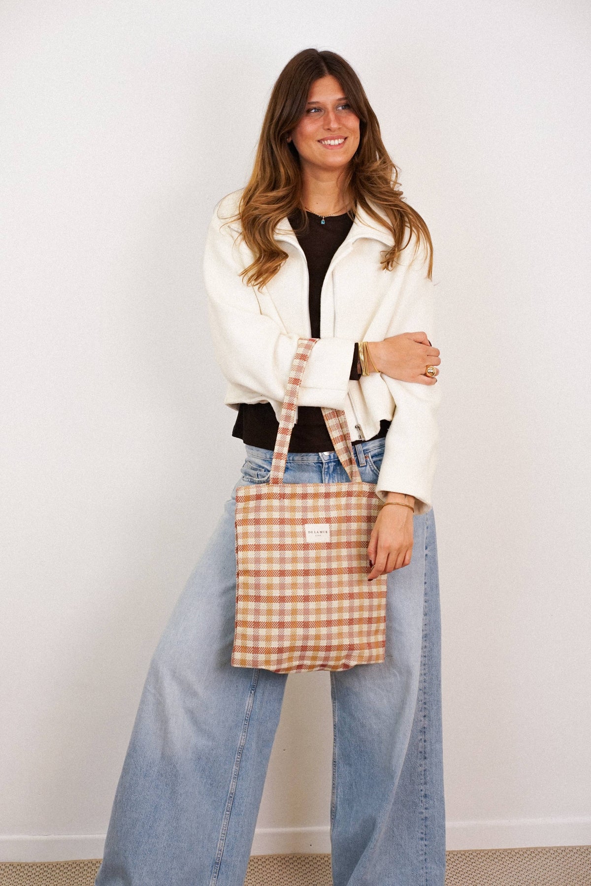Gingham Jacquard Medium Zippered Tote Bag – Terracotta & Orange (Zia)