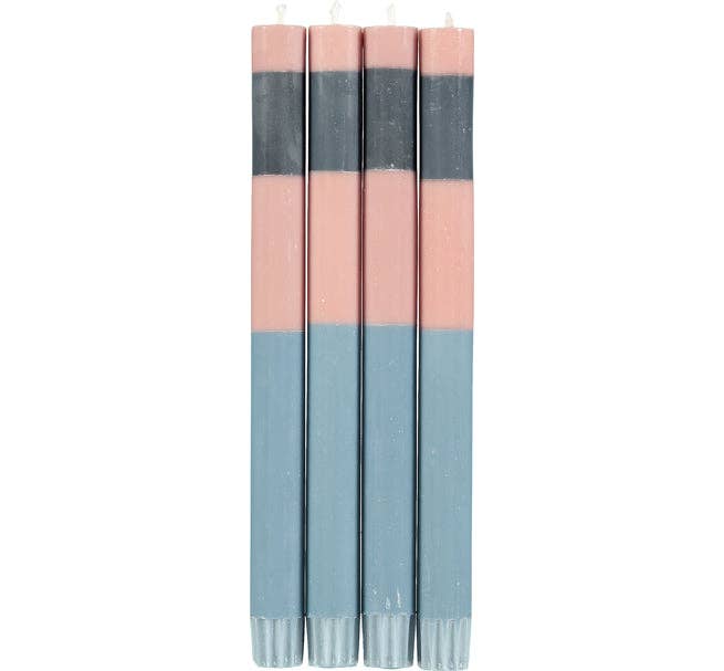 BRITISH COLOUR STANDARD - 25cm / 10'' H ABSTRACT Striped Old Rose, Pompadour & Indigo Eco Dinner Candles, Gift Box of 4